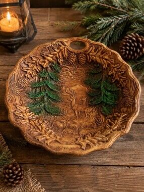Vintage Syroco Deer Pine Tree Woodland Bowl Faux Wood Cabin Decor